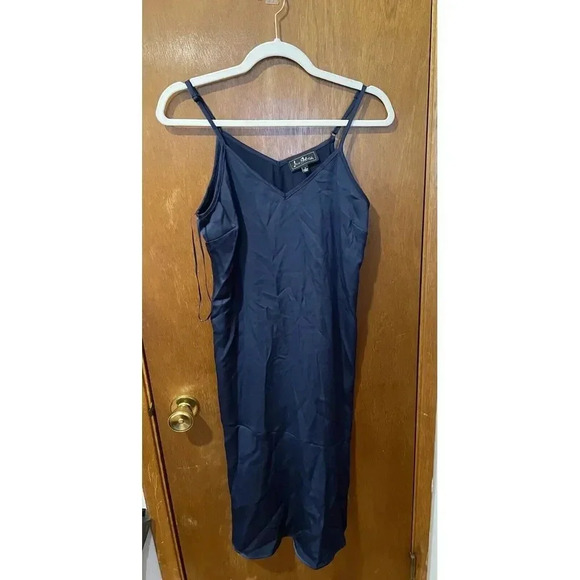 Sam Edelman Navy Satin Spaghetti Strap V Neck Womens Midi Slipdress Sz 4‎ - Picture 2 of 4